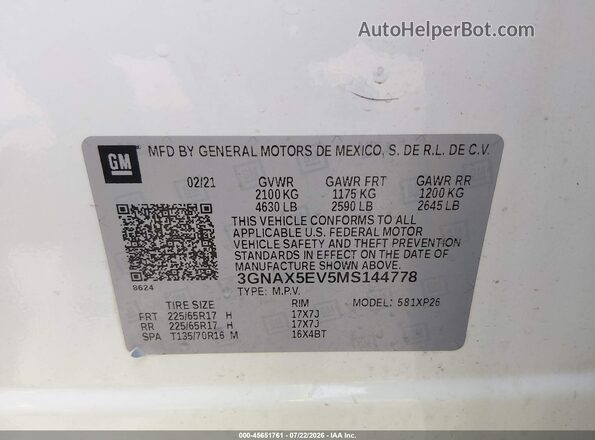 3GNAX5EV5MS144778 2021 CHEVROLET EQUINOX White Вид підкапотного простору