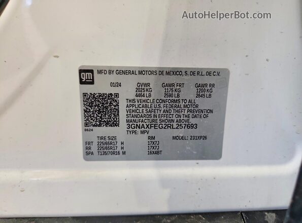 3GNAXFEG2RL257693 2024 CHEVROLET EQUINOX White Widok naklejki z numerem VIN