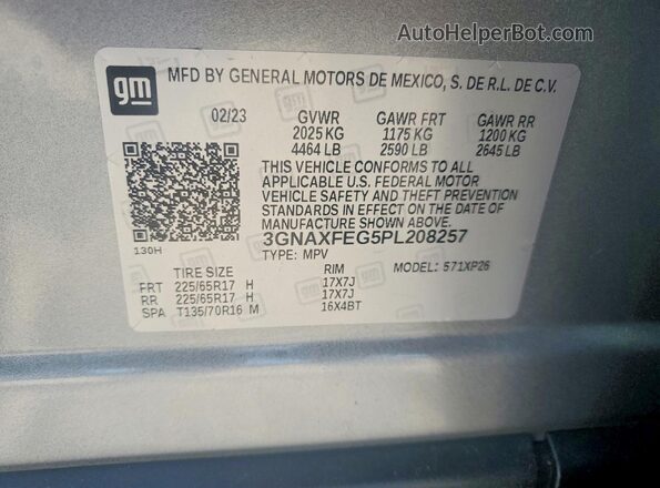 3GNAXFEG5PL208257 2023 CHEVROLET EQUINOX Silver VIN კოდის სტიკერის ხედი