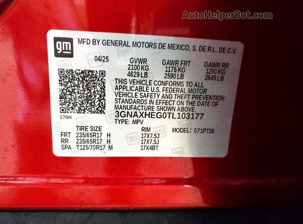 3GNAXHEG0TL103177 2026 CHEVROLET EQUINOX Red Vista de la etiqueta del VIN