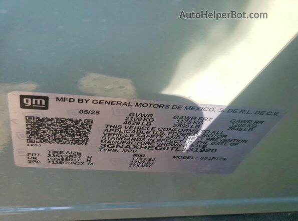 3GNAXHEG0TL131920 2026 CHEVROLET EQUINOX Green Vista de la etiqueta del VIN