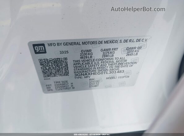 3GNAXHEG0TL301483 2026 CHEVROLET EQUINOX White ძრავის განყოფილების ხედი