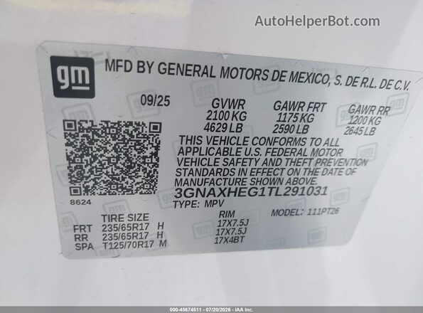 3GNAXHEG1TL291031 2026 CHEVROLET EQUINOX White Engine compartment view