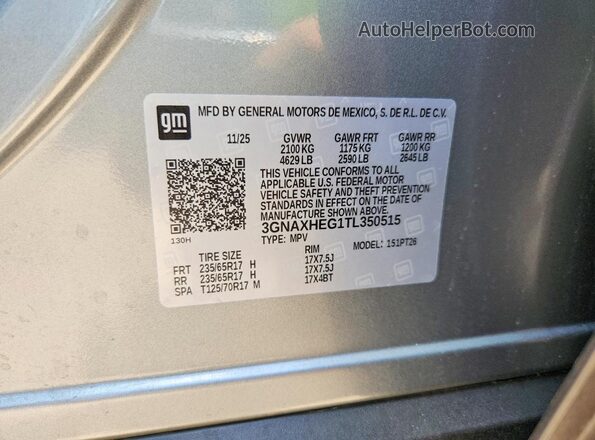 3GNAXHEG1TL350515 2026 CHEVROLET EQUINOX Серый Вид наклейки с VIN-кодом