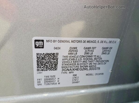 3GNAXHEG2RL333375 2024 CHEVROLET EQUINOX Серебряный Вид наклейки с VIN-кодом