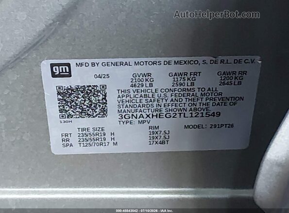 3GNAXHEG2TL121549 2026 CHEVROLET EQUINOX Gray Շարժիչի բաժամունքի տեսք