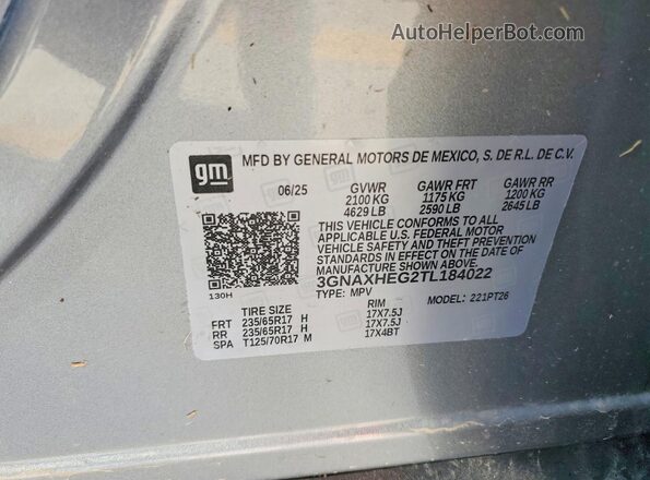 3GNAXHEG2TL184022 2026 CHEVROLET EQUINOX Silver VIN sticker view