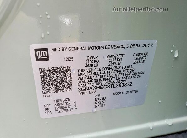 3GNAXHEG3TL383872 2026 CHEVROLET EQUINOX Green Widok naklejki z numerem VIN