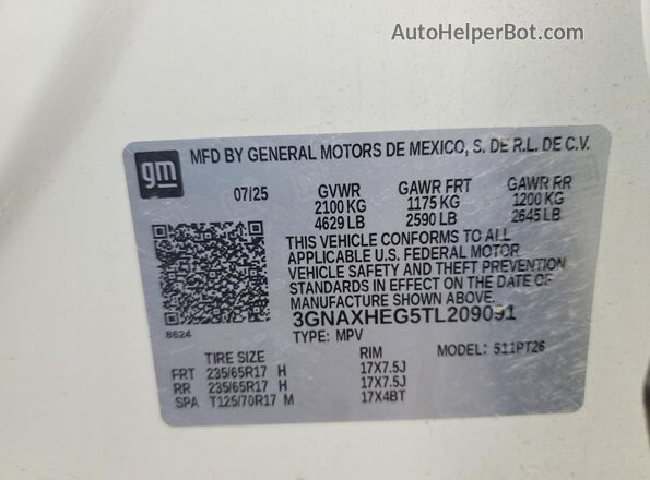 3GNAXHEG5TL209091 2026 CHEVROLET EQUINOX White VIN կոդի պիտակի տեսք