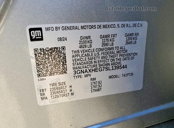 3GNAXHEG7SL139544 2025 CHEVROLET EQUINOX Silver VIN կոդի պիտակի տեսք