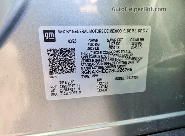 3GNAXHEG7SL326766 2025 CHEVROLET EQUINOX Silver Widok naklejki z numerem VIN