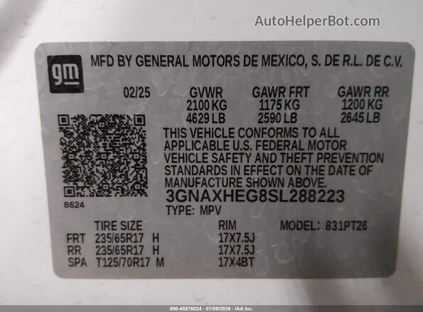 3GNAXHEG8SL288223 2025 CHEVROLET EQUINOX White Շարժիչի բաժամունքի տեսք