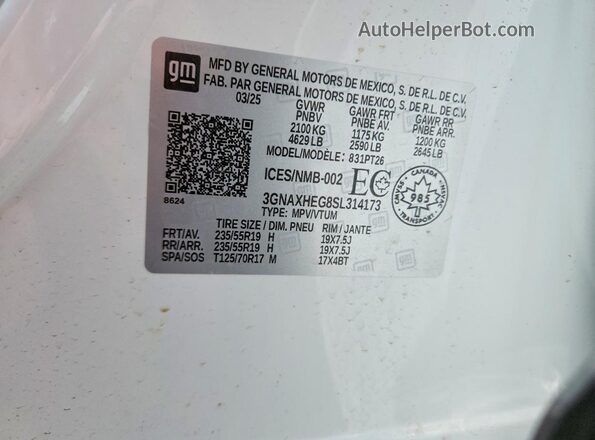 3GNAXHEG8SL314173 2025 CHEVROLET EQUINOX White VIN sticker view