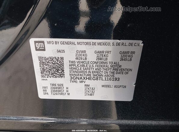 3GNAXHEG8TL116193 2026 CHEVROLET EQUINOX Black ძრავის განყოფილების ხედი