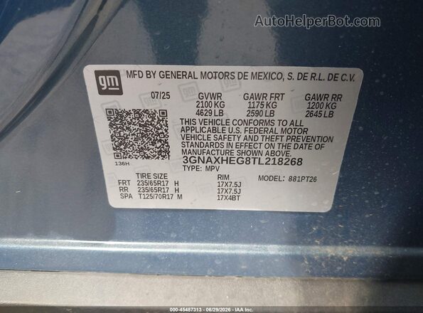3GNAXHEG8TL218268 2026 CHEVROLET EQUINOX Blue Շարժիչի բաժամունքի տեսք