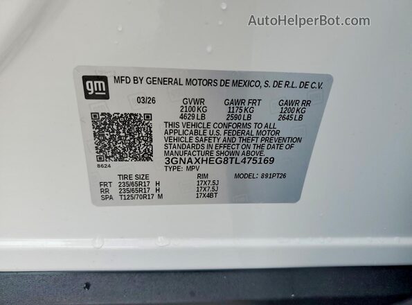 3GNAXHEG8TL475169 2026 CHEVROLET EQUINOX White Widok naklejki z numerem VIN