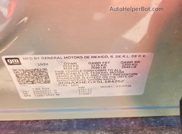 3GNAXHEGXSL184252 2025 CHEVROLET EQUINOX Green Вид наклейки з VIN-кодом