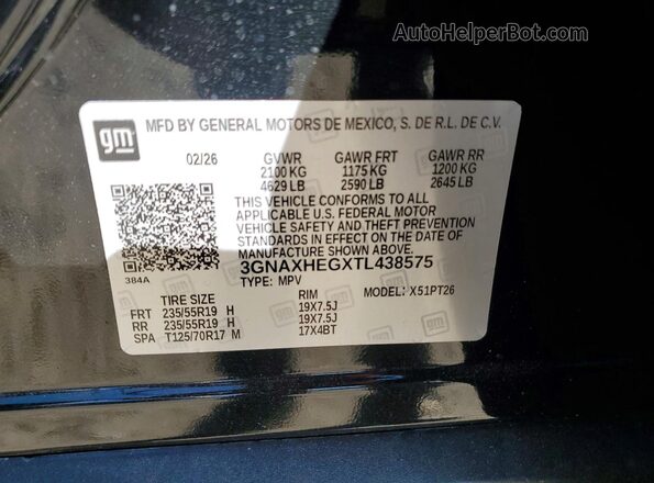 3GNAXHEGXTL438575 2026 CHEVROLET EQUINOX Черный Вид наклейки с VIN-кодом