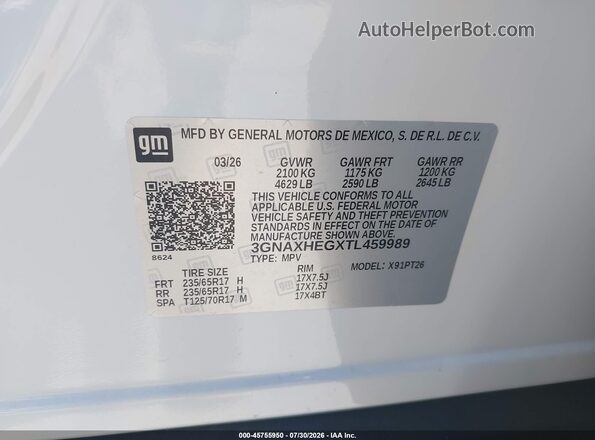 3GNAXHEGXTL459989 2026 CHEVROLET EQUINOX White Vista del compartimento del motor