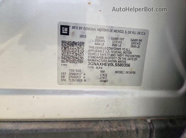 3GNAXHEV0LS580356 2020 CHEVROLET EQUINOX Серебряный Вид наклейки с VIN-кодом