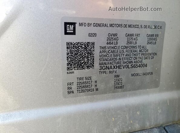 3GNAXHEV0LS654004 2020 CHEVROLET EQUINOX Silver Панорамний вид салону 360°