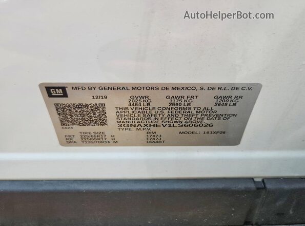 3GNAXHEV1LS606026 2020 CHEVROLET EQUINOX Белый Вид наклейки с VIN-кодом