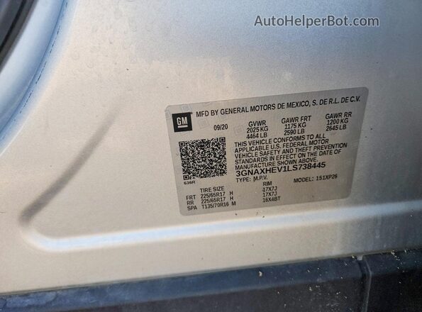 3GNAXHEV1LS738445 2020 CHEVROLET EQUINOX Silver ძრავის განყოფილების ხედი