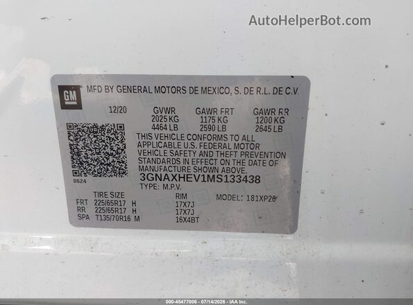 3GNAXHEV1MS133438 2021 CHEVROLET EQUINOX White ძრავის განყოფილების ხედი