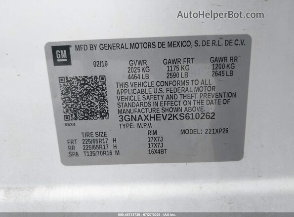 3GNAXHEV2KS610262 2019 CHEVROLET EQUINOX White Vista del compartimento del motor