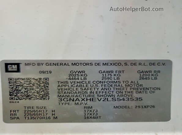 3GNAXHEV2LS543535 2020 CHEVROLET EQUINOX White Вид наклейки з VIN-кодом