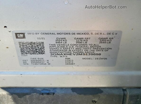 3GNAXHEV2MS139698 2021 CHEVROLET EQUINOX Silver Вид наклейки з VIN-кодом