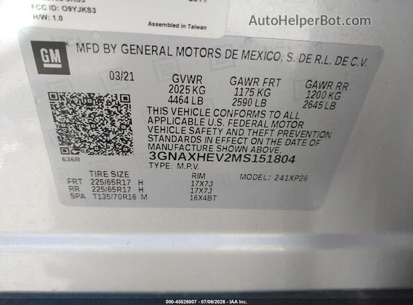 3GNAXHEV2MS151804 2021 CHEVROLET EQUINOX Silver Engine compartment view