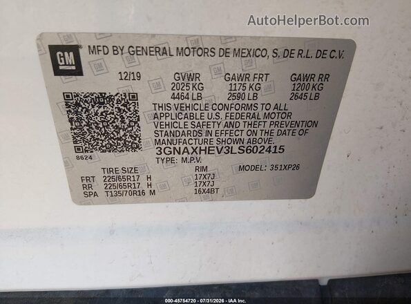 3GNAXHEV3LS602415 2020 CHEVROLET EQUINOX White Engine compartment view