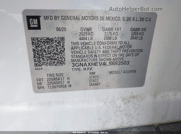 3GNAXHEV4LS693503 2020 CHEVROLET EQUINOX Белый Вид подкапотного пространства