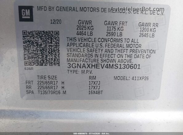 3GNAXHEV4MS130601 2021 CHEVROLET EQUINOX Silver Вид підкапотного простору