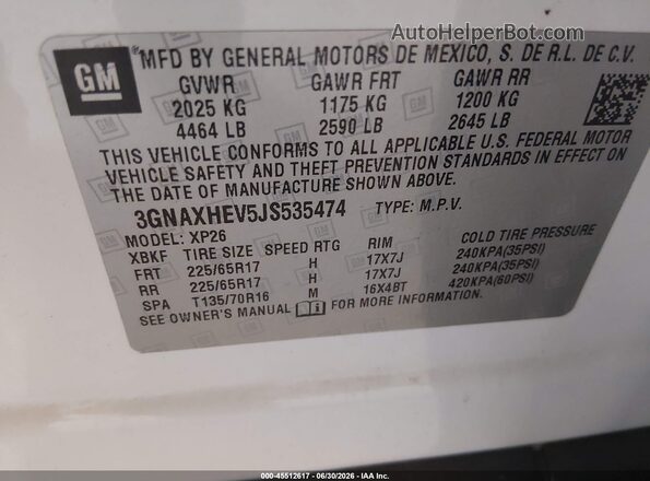 3GNAXHEV5JS535474 2018 CHEVROLET EQUINOX White ძრავის განყოფილების ხედი