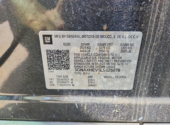 3GNAXHEV5LS625078 2020 CHEVROLET EQUINOX Серый Вид наклейки с VIN-кодом