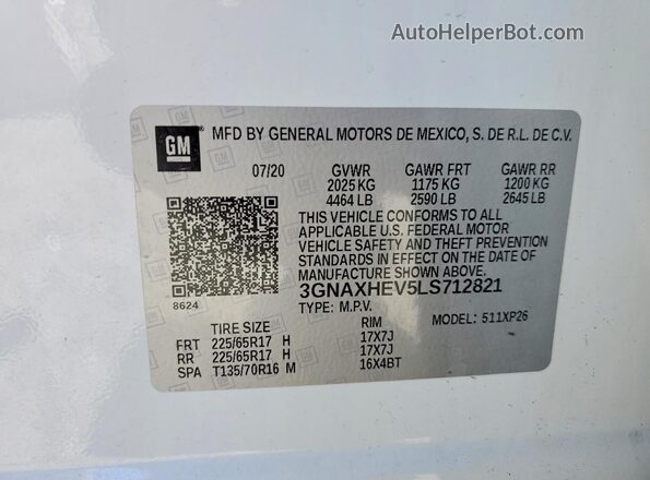 3GNAXHEV5LS712821 2020 CHEVROLET EQUINOX White Вид наклейки з VIN-кодом