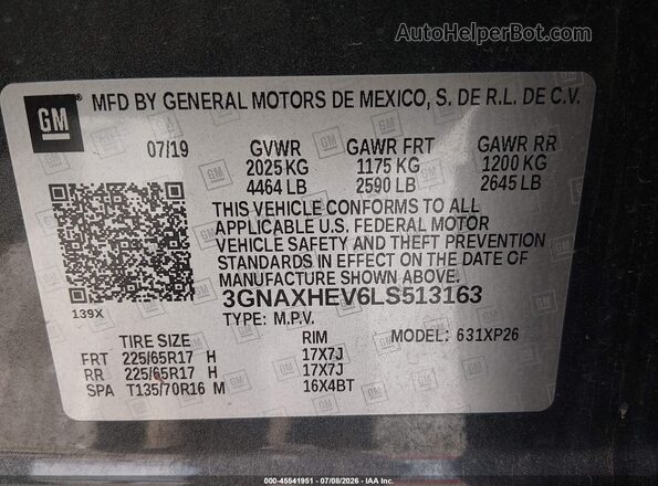 3GNAXHEV6LS513163 2020 CHEVROLET EQUINOX Gray Vista del compartimento del motor