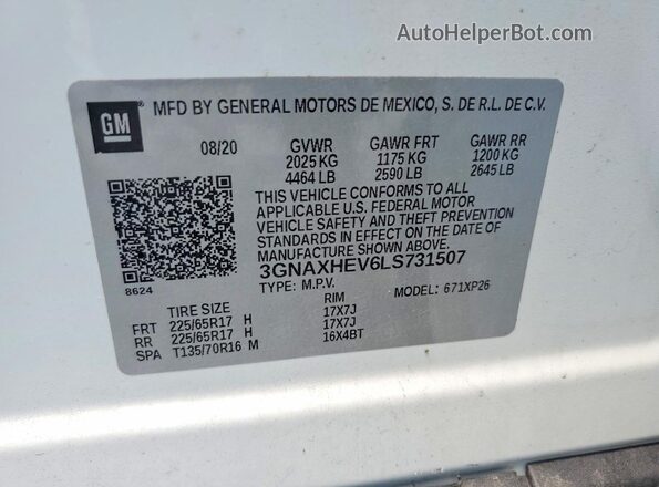 3GNAXHEV6LS731507 2020 CHEVROLET EQUINOX Белый Вид наклейки с VIN-кодом