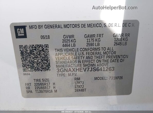 3GNAXHEV7JS641263 2018 CHEVROLET EQUINOX White Vista del compartimento del motor