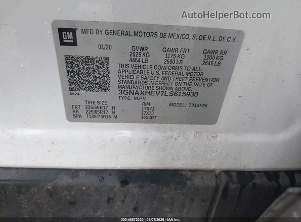3GNAXHEV7LS615930 2020 CHEVROLET EQUINOX Белый Вид подкапотного пространства