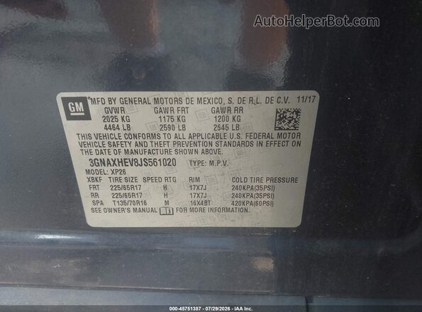 3GNAXHEV8JS561020 2018 CHEVROLET EQUINOX Синий Вид подкапотного пространства