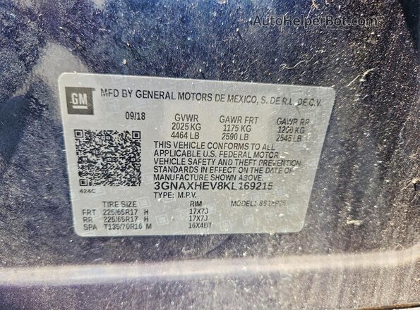 3GNAXHEV8KL169215 2019 CHEVROLET EQUINOX Blue Панорамний вид салону 360°