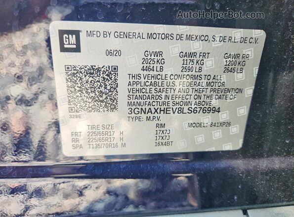 3GNAXHEV8LS676994 2020 CHEVROLET EQUINOX Blue Vista de la etiqueta del VIN