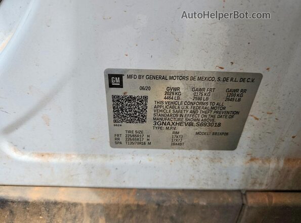 3GNAXHEV8LS693018 2020 CHEVROLET EQUINOX White VIN sticker view