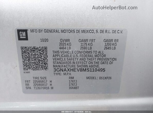 3GNAXHEV8MS110495 2021 CHEVROLET EQUINOX Silver Вид підкапотного простору