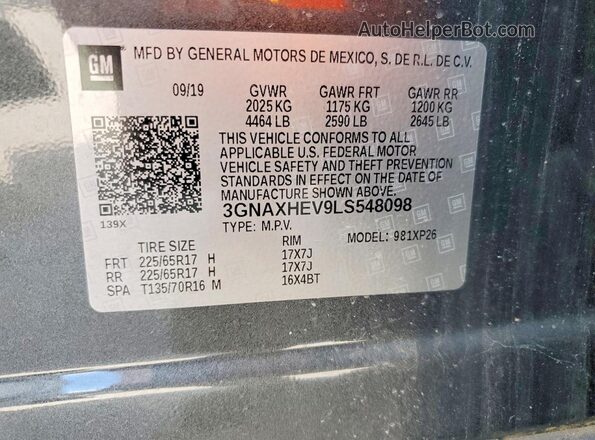 3GNAXHEV9LS548098 2020 CHEVROLET EQUINOX Teal VIN კოდის სტიკერის ხედი