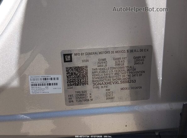 3GNAXHEVXLS698253 2020 CHEVROLET EQUINOX Silver Widok komory silnika