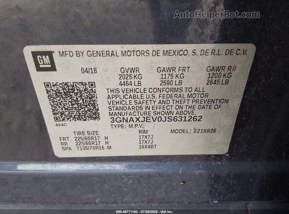 3GNAXJEV0JS631262 2018 CHEVROLET EQUINOX Blue Engine compartment view